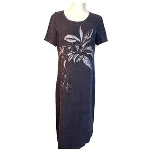 VTG Carole Little Linen Floral Embroidered Maxi Dress Short Sleeve 10‎ Petite